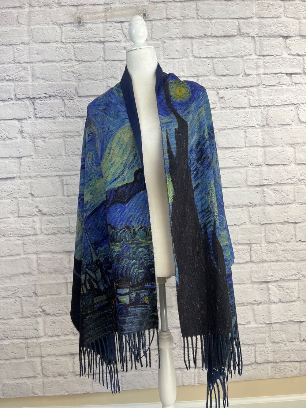 Art Printed Cashmere Blend Fringed Scarf